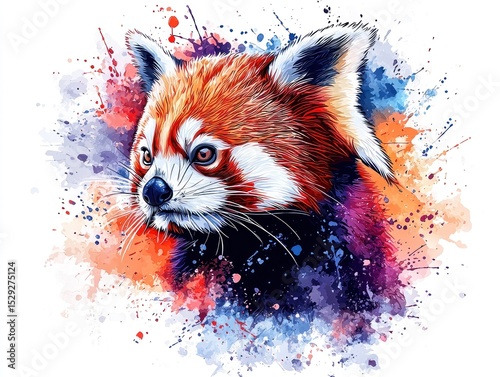 Red panda portrait in watercolor splatter