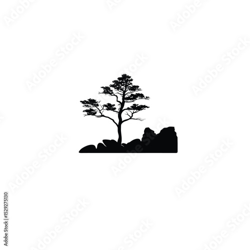A lone tree growing amidst a rocky terrain silhouette on white background