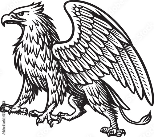 Griffin in vintage engraving with feathered details and proud stance, historic mythical style fit for classic legend artwork