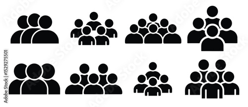 User Group Icon Set – Team and Community Silhouette Symbols for People and Network Concepts. Group of People Icon – Team, Users, Friends, or Squad Symbol. Transparent Background