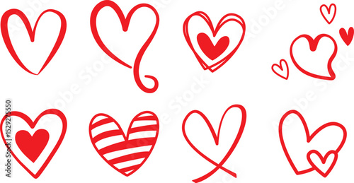 Heart lines bundle hand drawn doodle love black colorful icon set isolated on transparent background. Vector collection for valentine day invitation or greeting card drawn design text divider
