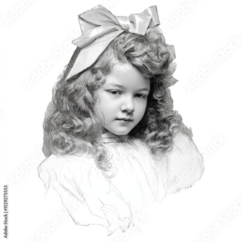 Vintage portrait of a young girl with curly hair and a bow antique illustration black and white image