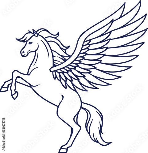 Minimalist pegasus line sketch with wings and flowing mane, simple black and white design for clean tracing