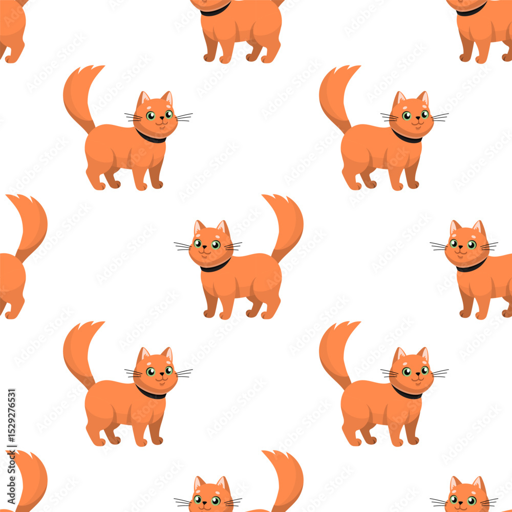 Fototapeta premium Red cat Cartoon illustration. Happy kitten with collar. Vector illustration. Traveling with pets concept. Flat design. Pet shop, vet clinic character, mascot.
