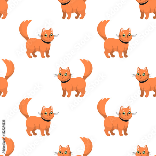 Red cat Cartoon illustration. Happy kitten with collar. Vector illustration. Traveling with pets concept. Flat design. Pet shop, vet clinic character, mascot.