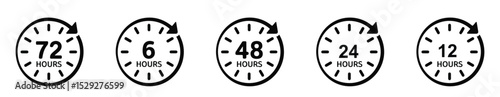 Hour Timer Icon Set – 6, 12, 24, 48, 72 Hour Countdown Clock Symbols for Delivery, Warranty, and Time. 6, 12, 24, 48, 72 Hours Clock Arrow. Transparent Background