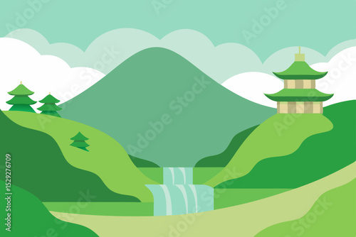 Serene Asian Landscape Mountain, Temple, Waterfall Illustration