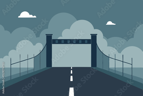 Journey Ahead A Serene Road Leading to a Suspension Bridge Illustration