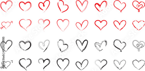 Love hearts icon. Abstract red loving heart symbols for valentines day, outline lovely red heart elements and love silhouette icons vector isolated set. Romance linear and filled symbol bundle
