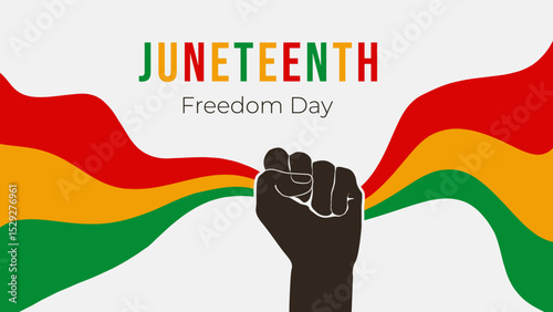 Black History Month, Juneteenth banner. Waving Pan-African flag on white background. Juneteenth Freedom Day poster. Racial equality and justice. Racism, discrimination. Juneteenth emancipation.