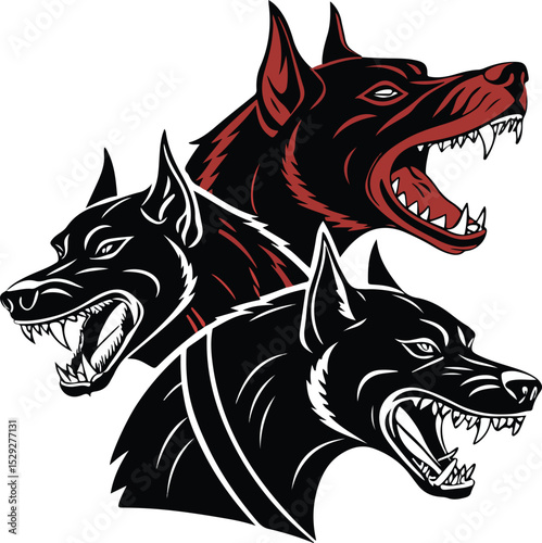 Three-headed Cerberus dog in horror design with bold lines and shadow depth, red and black tone fantasy creature for dark themes