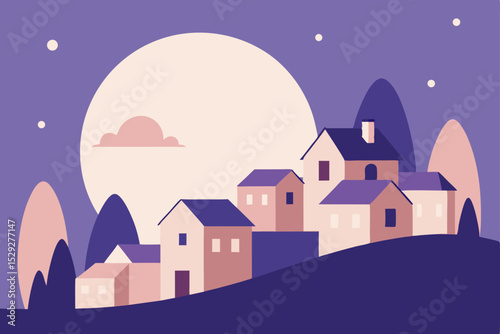 Serene Night Village Moonlit Houses and Peaceful Landscape Illustration