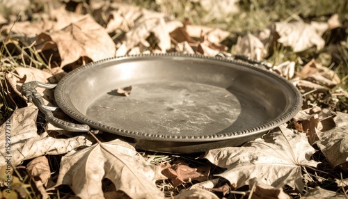Rustic pewter platter nestled amongst autumn foliage in sunlit grassy setting