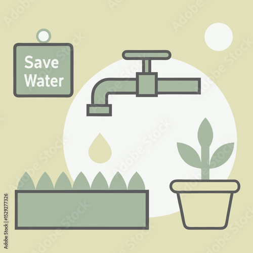Water conservation icon with tap and plants