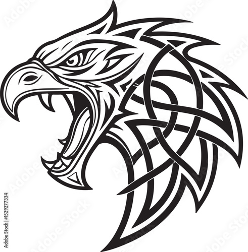Tribal-style mythical beast face with bold symmetry and black ink shapes, iconic tattoo-ready design for fantasy lovers