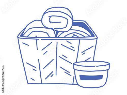 Doodle isolated vector illustration of a wicker basket with rolled towels and a jar of cream. Blue outline drawing for bathroom, hygiene, spa, and home care design or decor projects.