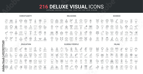 World religions and Islam, Christianity temple and prayer, science, education and skills line icon set. Elderly care in hospital, hobby of pensioners thin black outline symbols vector illustration