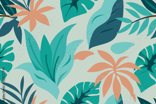 Seamless Tropical Leaf Pattern Teal, Coral, and Mint Green Botanical Design