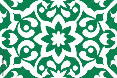 Elegant Emerald Green and White Floral Mandala Pattern Design Seamless Tileable Texture for Backgrounds and Decor