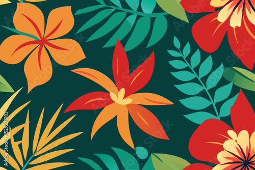 Vibrant Tropical Flowers Seamless Pattern Exotic Hibiscus and Palm Leaves Design