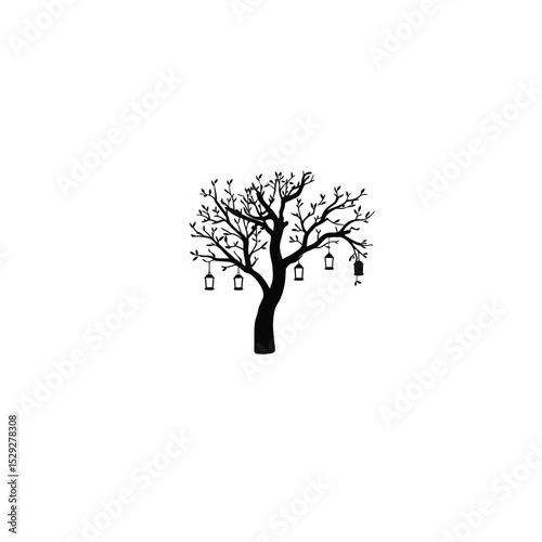 A silhouette of a tree with hanging lanterns silhouette on white background
