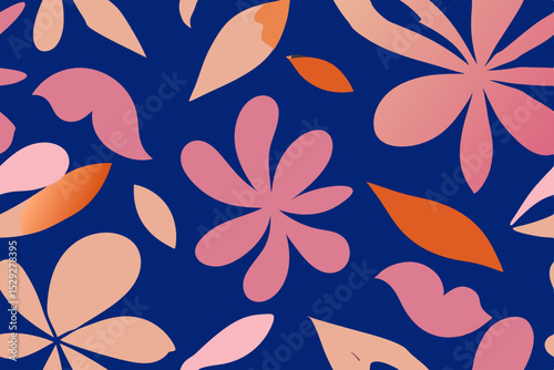 Abstract Floral Pattern Elegant Pink and Orange Flowers on Deep Blue Background