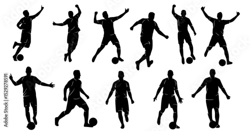 A dynamic silhouette collection of soccer players in various poses, showcasing athleticism and excitement in the world of football