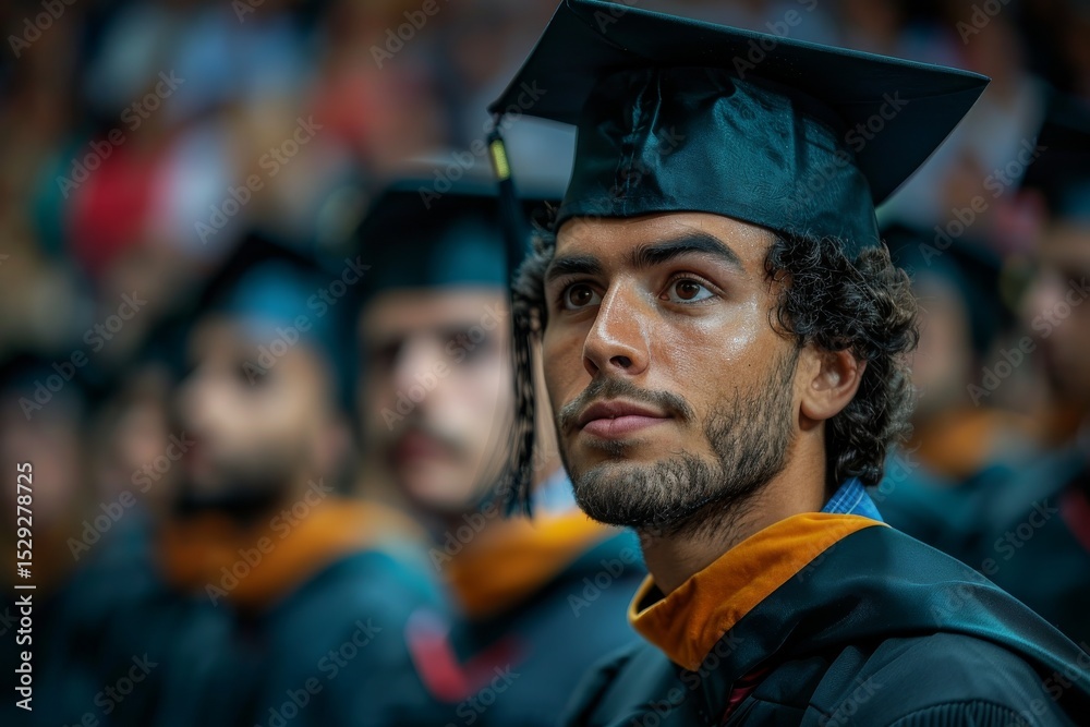 Fototapeta premium A focused male graduate in an academic cap attends a memorable graduation ceremony, reflecting achievements, aspirations, and the journey toward future opportunities.