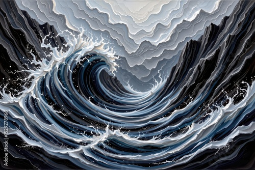 The mass of silvery sea waves swirling and deep black waves crashing against the steep cliffs reflects the conflict, tension and clash between opposing forces.