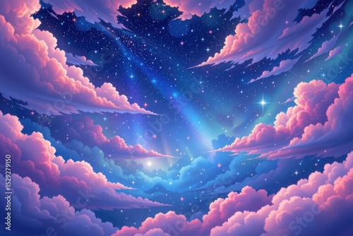a tranquil night sky filled with drifting pastel clouds and sparkling stars, blending soft purples and blues to evoke peacefulness, wonder, and a dreamy escape from emotional chaos.