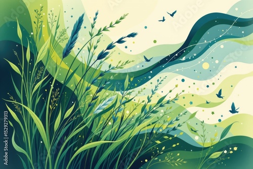 a gentle breeze moving through abstract grasses and flowing shapes rendered in calming green and blue tones, symbolizing emotional release, freedom, and the soothing power of nature.
