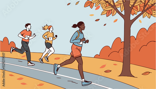 Happy runners challenge, jogging marathon, sprint in autumn. Joggers are rushing on road to success, win in competition. Diverse athletes are running in sport race in fall. Flat vector illustration   