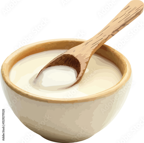 Creamy yogurt in bowl with wooden spoon isolated on white background