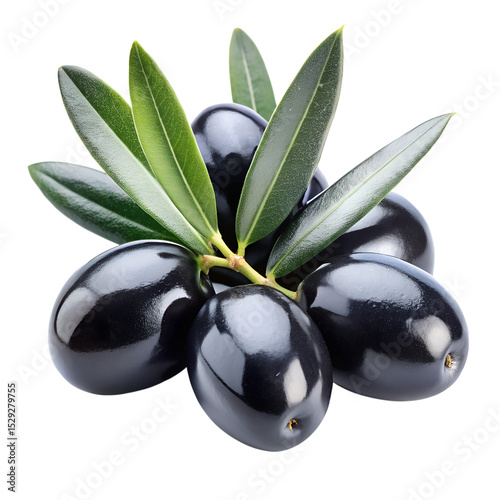 Fresh Black Olives with Leaves Isolated on Transparent Background photo