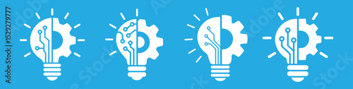 Light Bulb with Cogwheel Icons. Light Bulb with Gear Symbols for Idea & AI. Innovation Icon Set Vector – Light Bulb with Cogwheel, Inspiration Symbol. Blue background