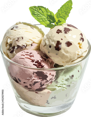 Refreshing ice cream glass with assorted flavors isolated on white background