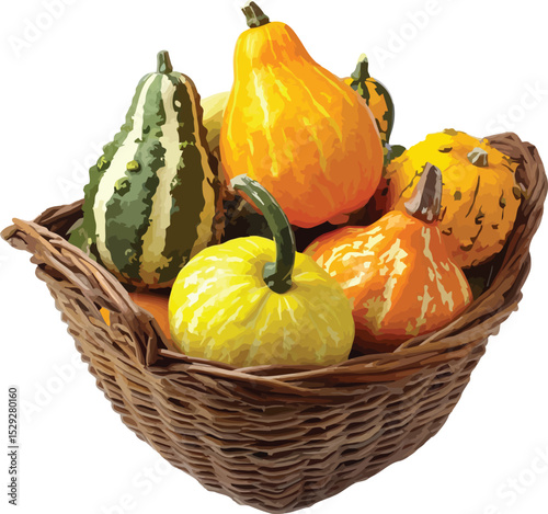 Overflowing wicker basket of colorful gourds isolated on white background