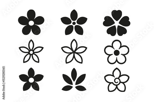 Abstract flower symbols in black silhouette style on white background  