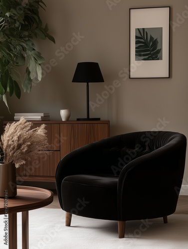 Plush upholstered chair in stylish vintage interior