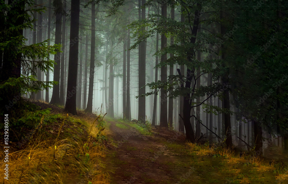 Fototapeta premium path in misty forest. Forest mist road