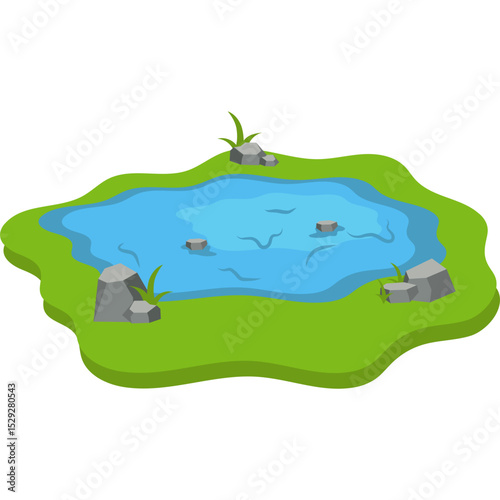 Water Pond with Reeds and Stones