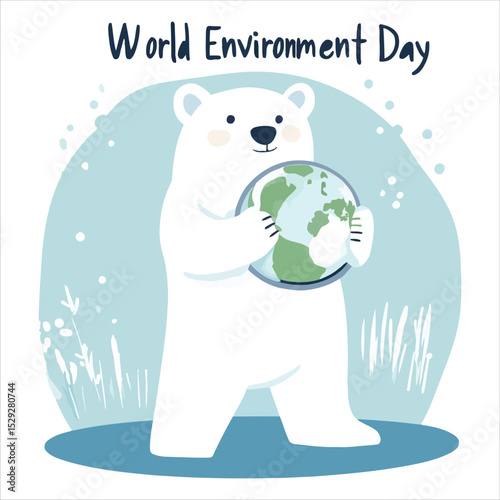 Cute polar bear hugging earth globe illustration isolated on white background
