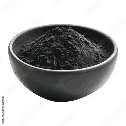 Dark gray powder in a ceramic bowl isolated on white background