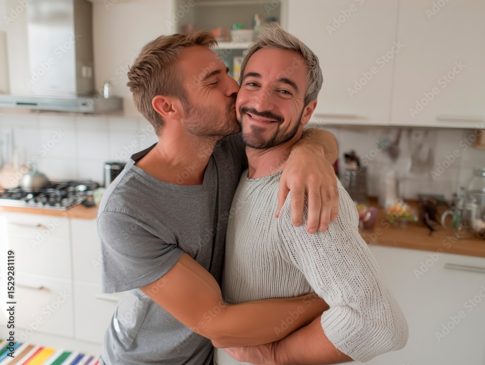 Fototapeta premium Two men share a loving kiss in their bright kitchen, celebrating pride and equality