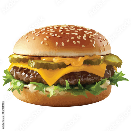 Juicy hamburger with sesame bun cheese and pickles isolated on white background