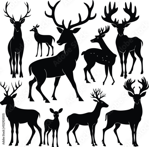 A charming set of deer silhouettes, featuring various mammal and wildlife illustrations, including reindeer, stag, and buck with impressive antlers and horns, perfect for nature and Christmas themes