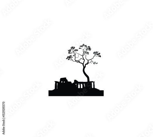 A tree growing from the ruins of an ancient temple silhouette on white background