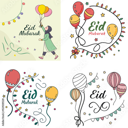 An Eid Mubarak icon with balloons and lights. 