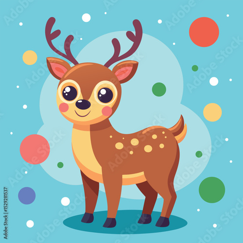 Funny cartoon Christmas reindeer with a red nose and ribbon, standing by a festive tree in the snow