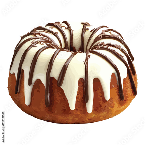 Delicious baked bundt cake with white frosting and chocolate drizzle isolated on white background